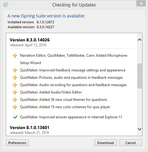List of updates in iSpring Suite 8.3