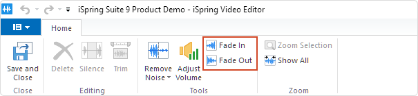 The Fade In and Fade Out buttons on the Video Editor’s toolbar